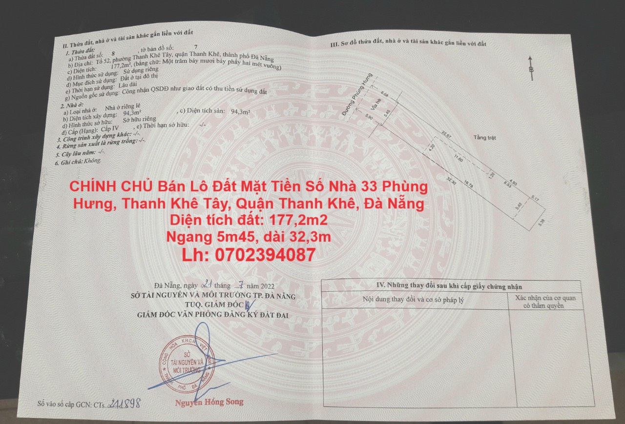 CHÍNH CHỦ Bán Lô Đất Mặt Tiền Số Nhà 33 Phùng Hưng, Thanh Khê Tây, Quận Thanh Khê, Đà Nẵng - Ảnh chính